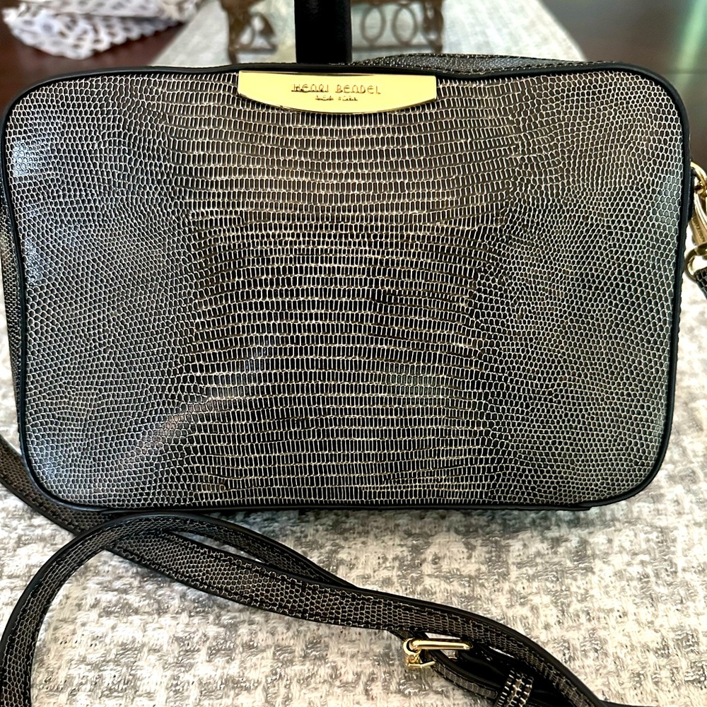 Henri Bendel West 57th Lizard Pattern Black/Grey w/ Gold Hardware Crossbody Bag
